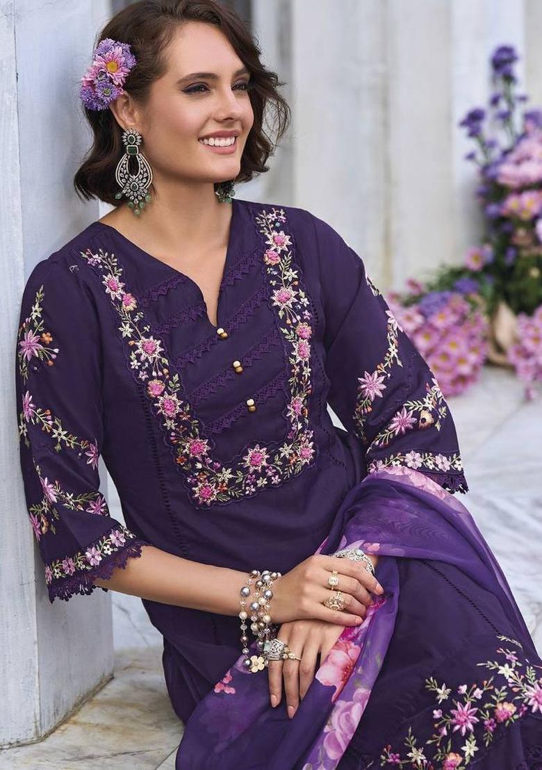 Purple Embroidery Cotton Kurta Set - Indya
