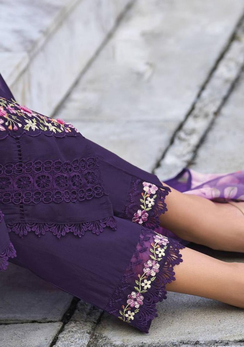 Purple Embroidery Cotton Kurta Set - Indya