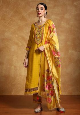 Yellow Embroidery Silk Kurta Set
