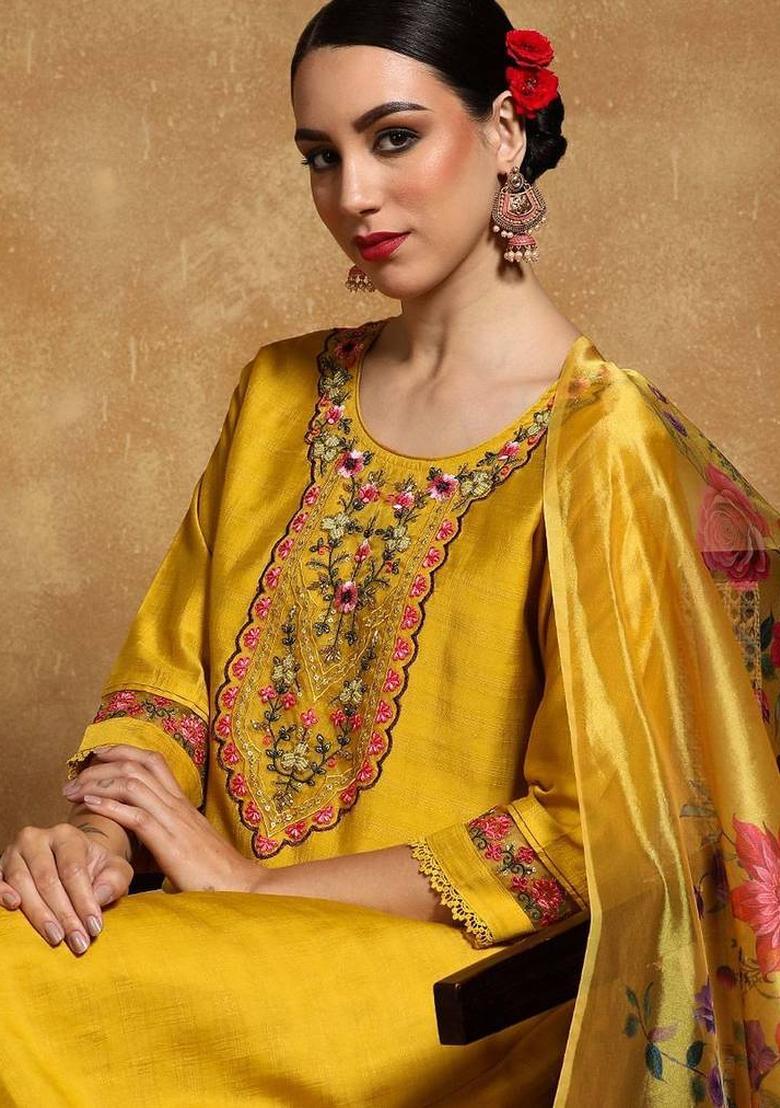 Yellow Embroidery Silk Kurta Set - Indya
