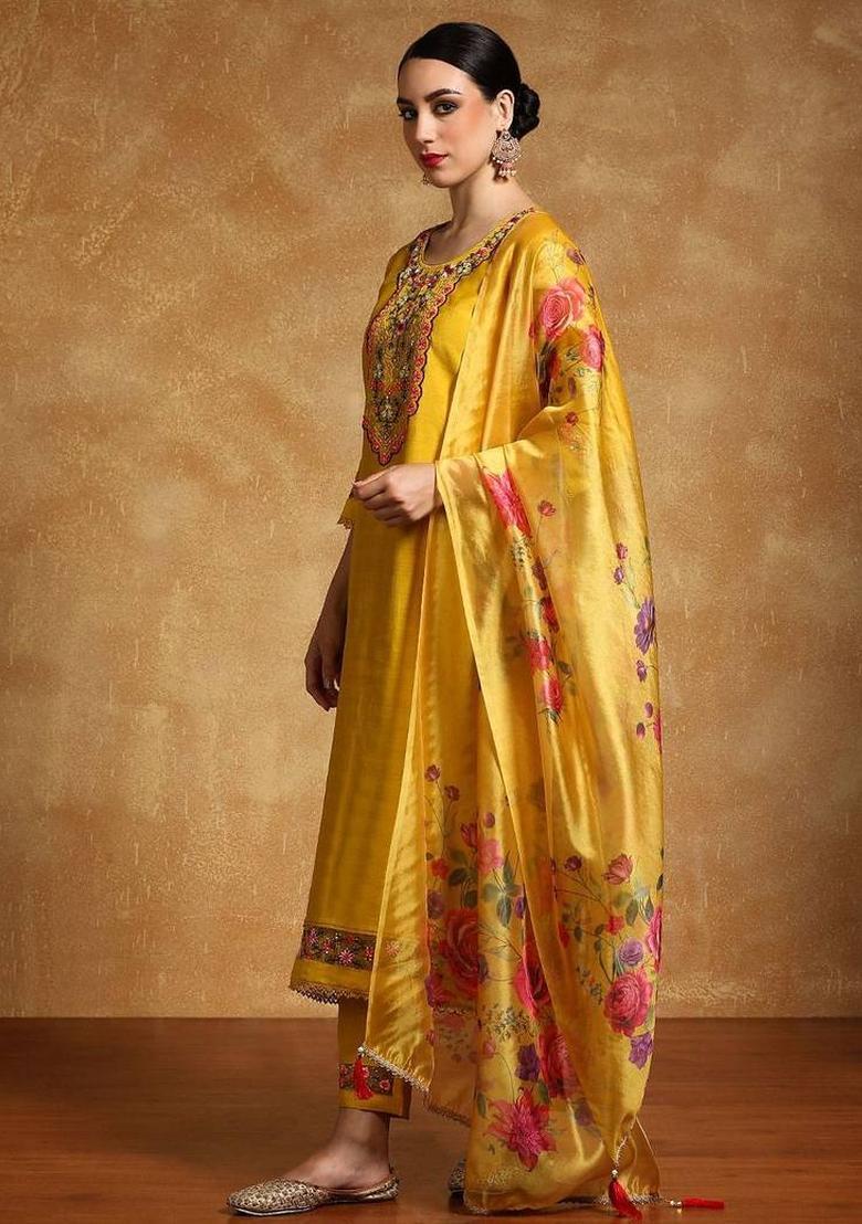 Yellow Embroidery Silk Kurta Set - Indya