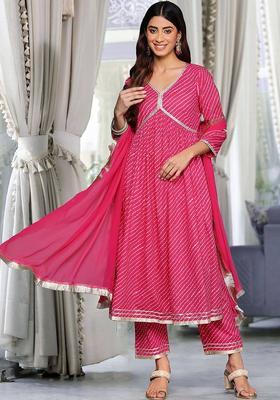 Fuchsia Floral Print Cotton Kurta Set