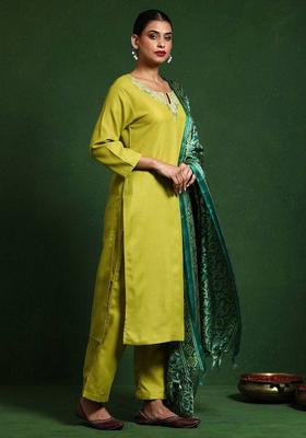 Lime Green Embroidery Cotton Kurta Set