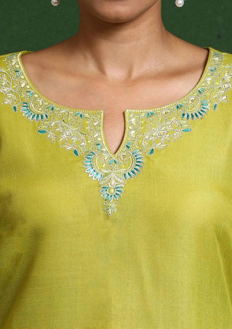 Lime Green Embroidery Cotton Kurta Set - Indya