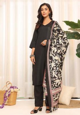 Black Solid Cotton Kurta Set