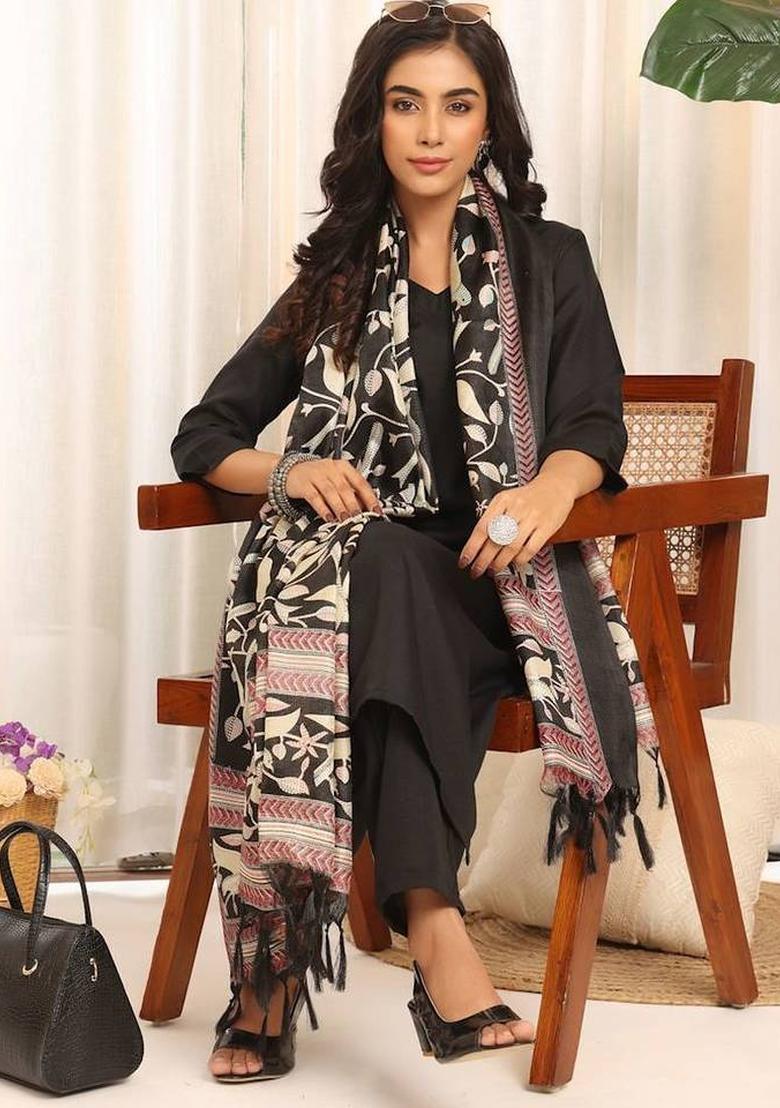 Black Solid Cotton Kurta Set - Indya