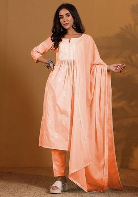 Peach Embroidery Cotton Kurta Set
