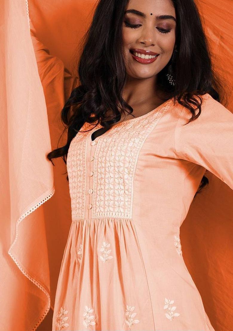 Peach Embroidery Cotton Kurta Set - Indya