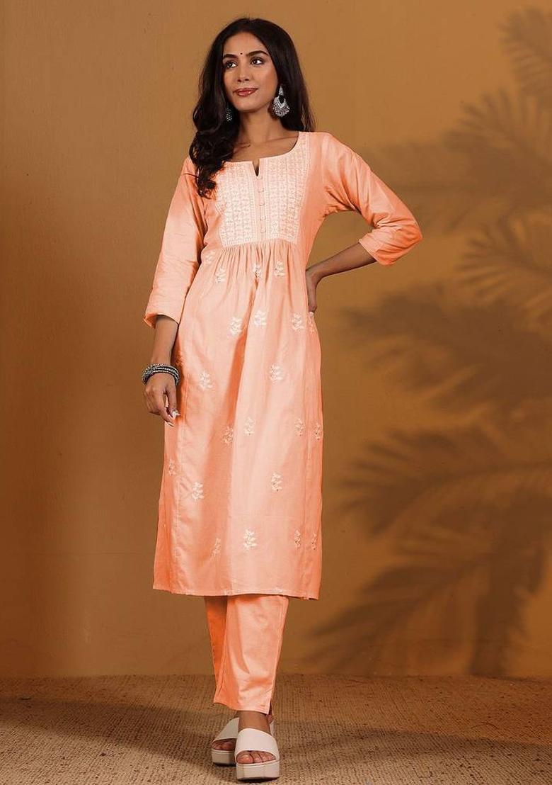 Peach Embroidery Cotton Kurta Set - Indya