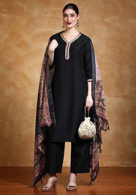 Black Solid Silk Kurta Set