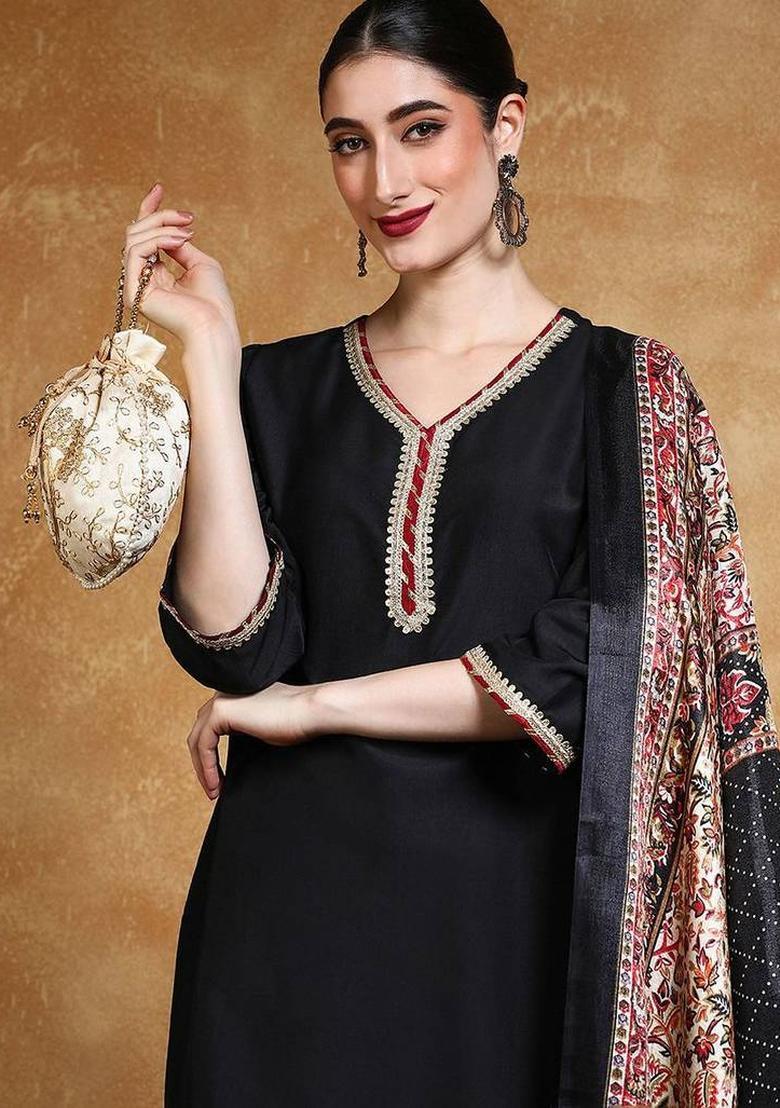Black Solid Silk Kurta Set - Indya