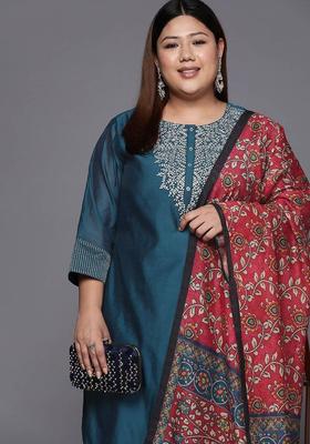 Teal Solid Silk Kurta Set
