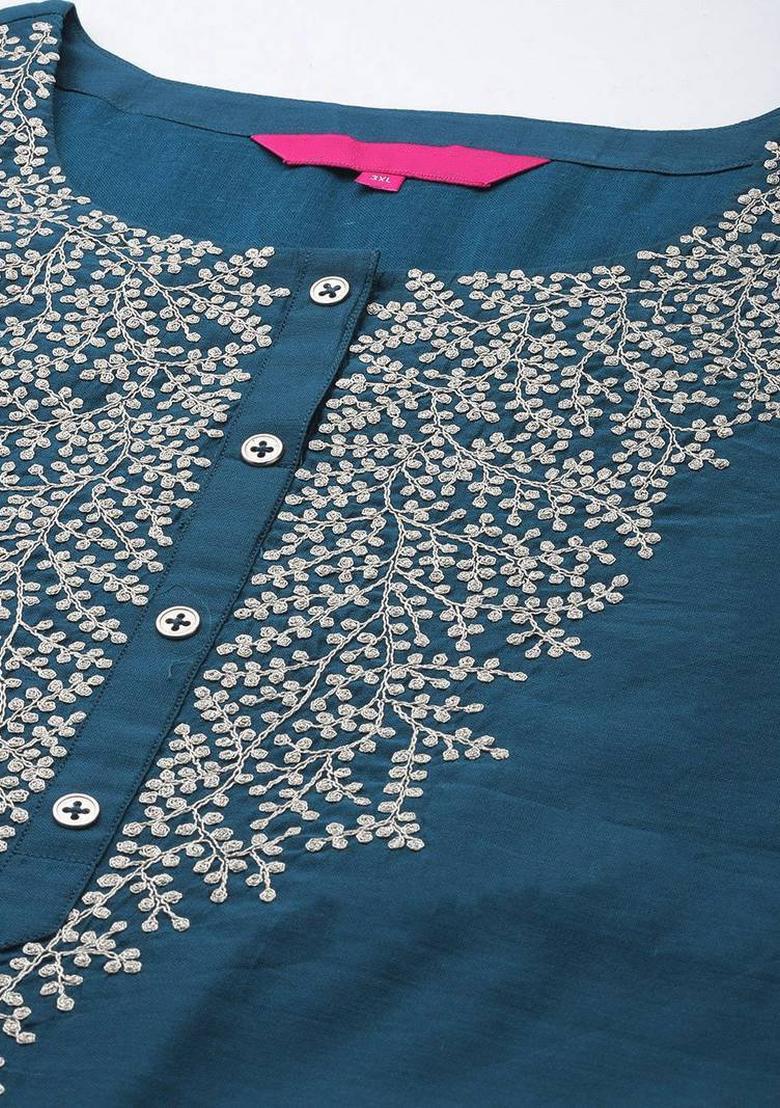 Teal Solid Silk Kurta Set - Indya