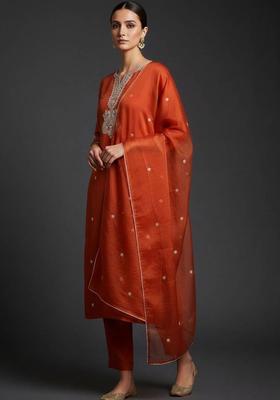 Mustard Embroidery Silk Kurta Set