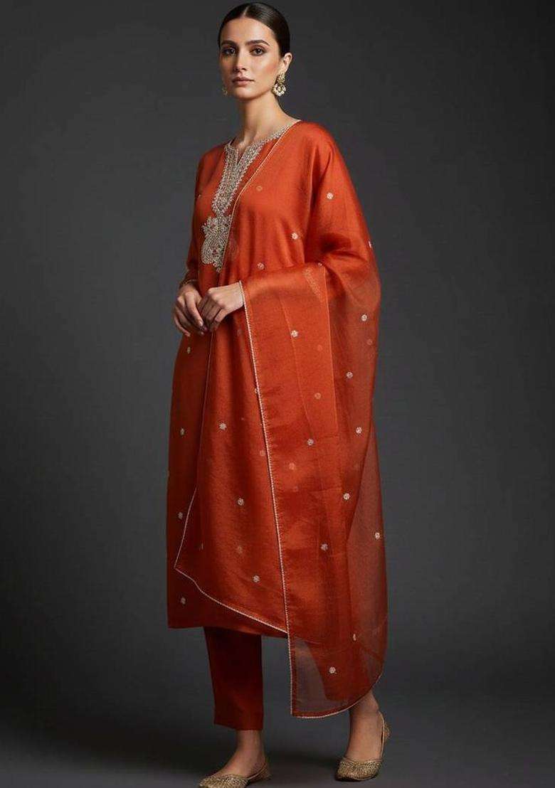 Mustard Embroidery Silk Kurta Set - Indya