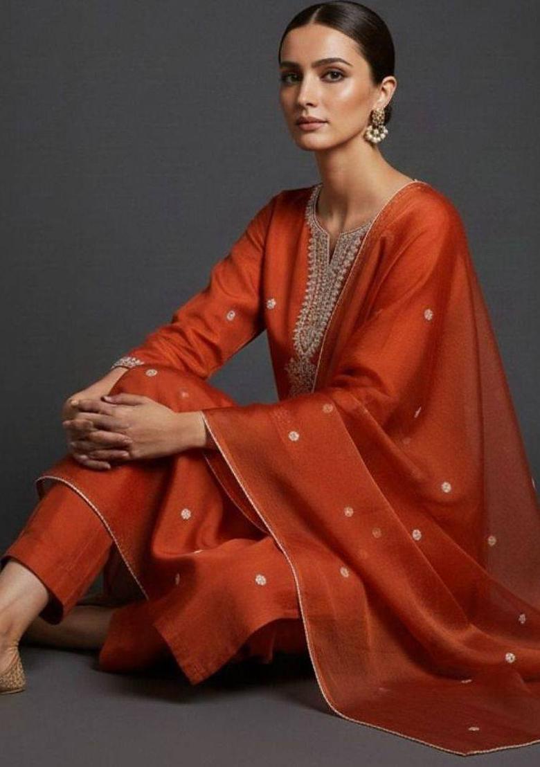 Mustard Embroidery Silk Kurta Set - Indya