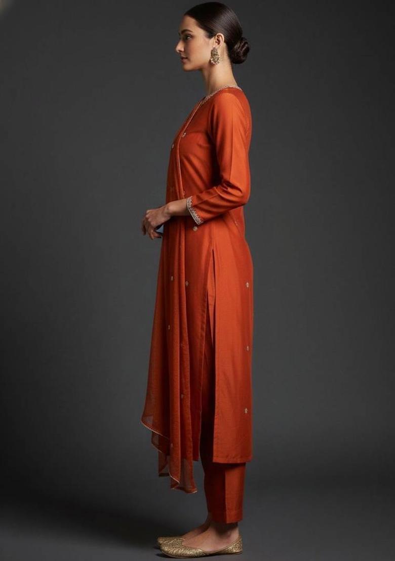 Mustard Embroidery Silk Kurta Set - Indya