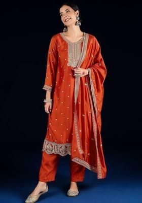 Mustard Embroidery Silk Kurta Set