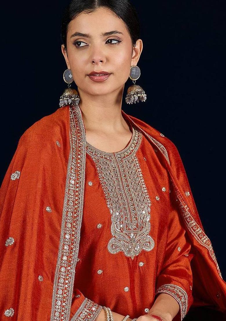 Mustard Embroidery Silk Kurta Set - Indya