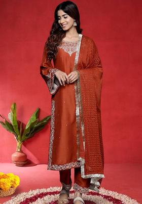Mustard Embroidery Silk Kurta Set