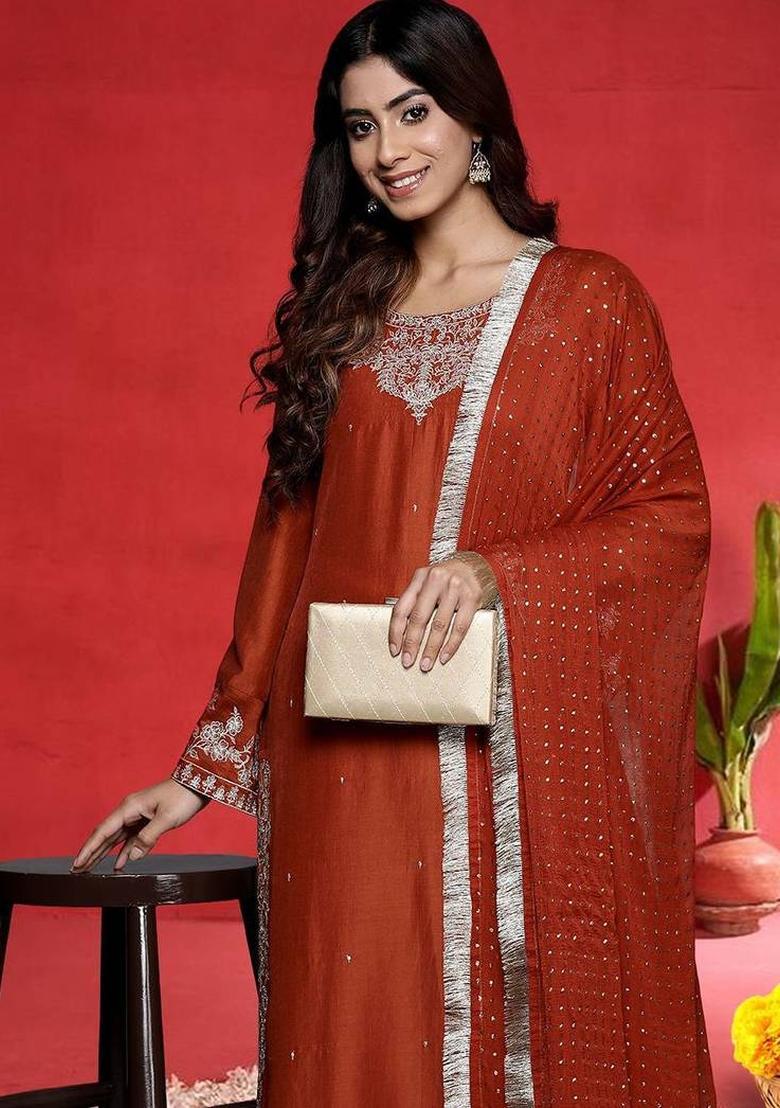 Mustard Embroidery Silk Kurta Set - Indya