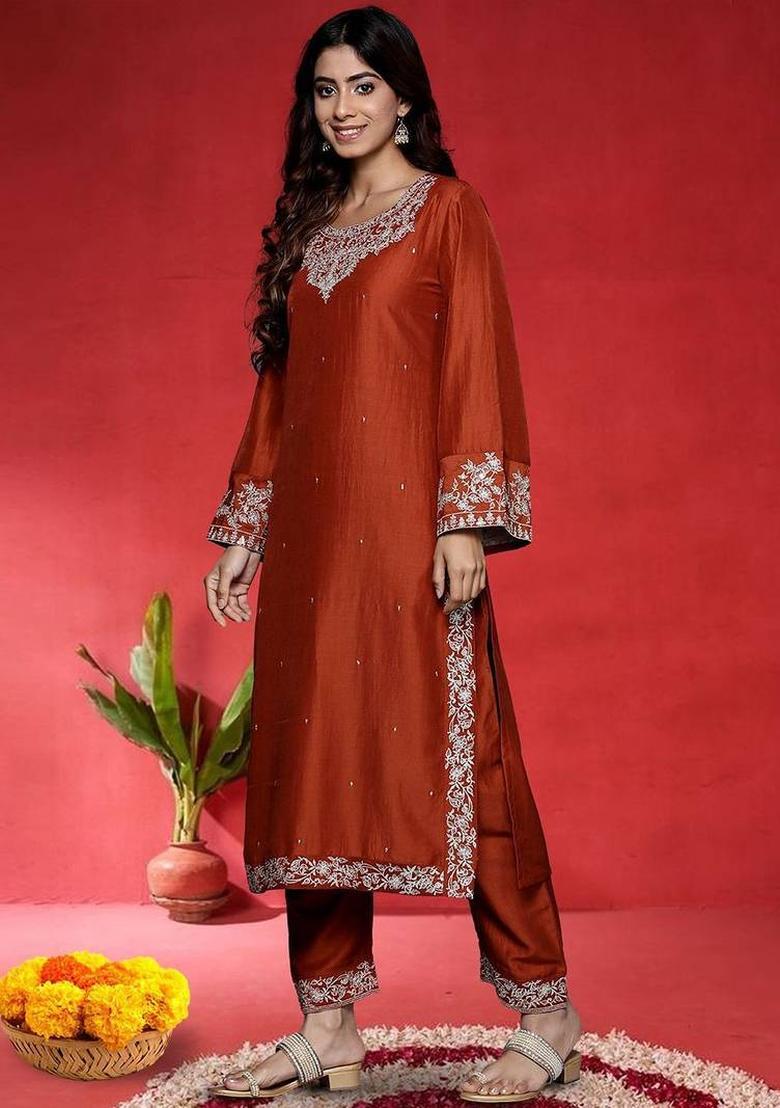 Mustard Embroidery Silk Kurta Set - Indya