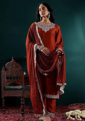 Mustard Embroidery Silk Kurta Set