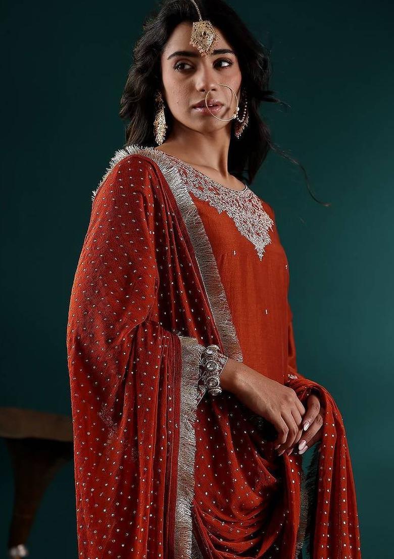 Mustard Embroidery Silk Kurta Set - Indya