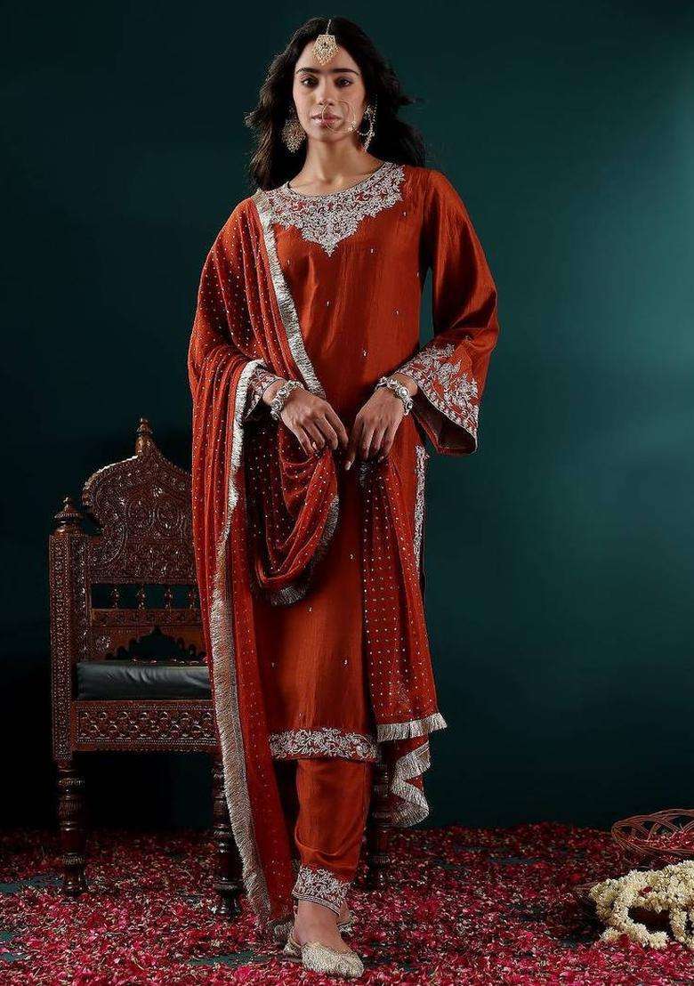 Mustard Embroidery Silk Kurta Set - Indya