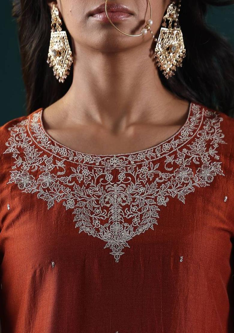 Mustard Embroidery Silk Kurta Set - Indya
