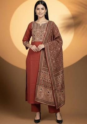Mustard Embroidery Cotton Kurta Set