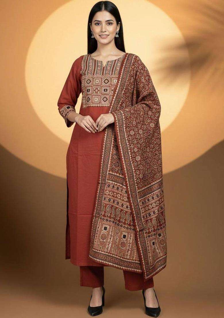 Mustard Embroidery Cotton Kurta Set - Indya