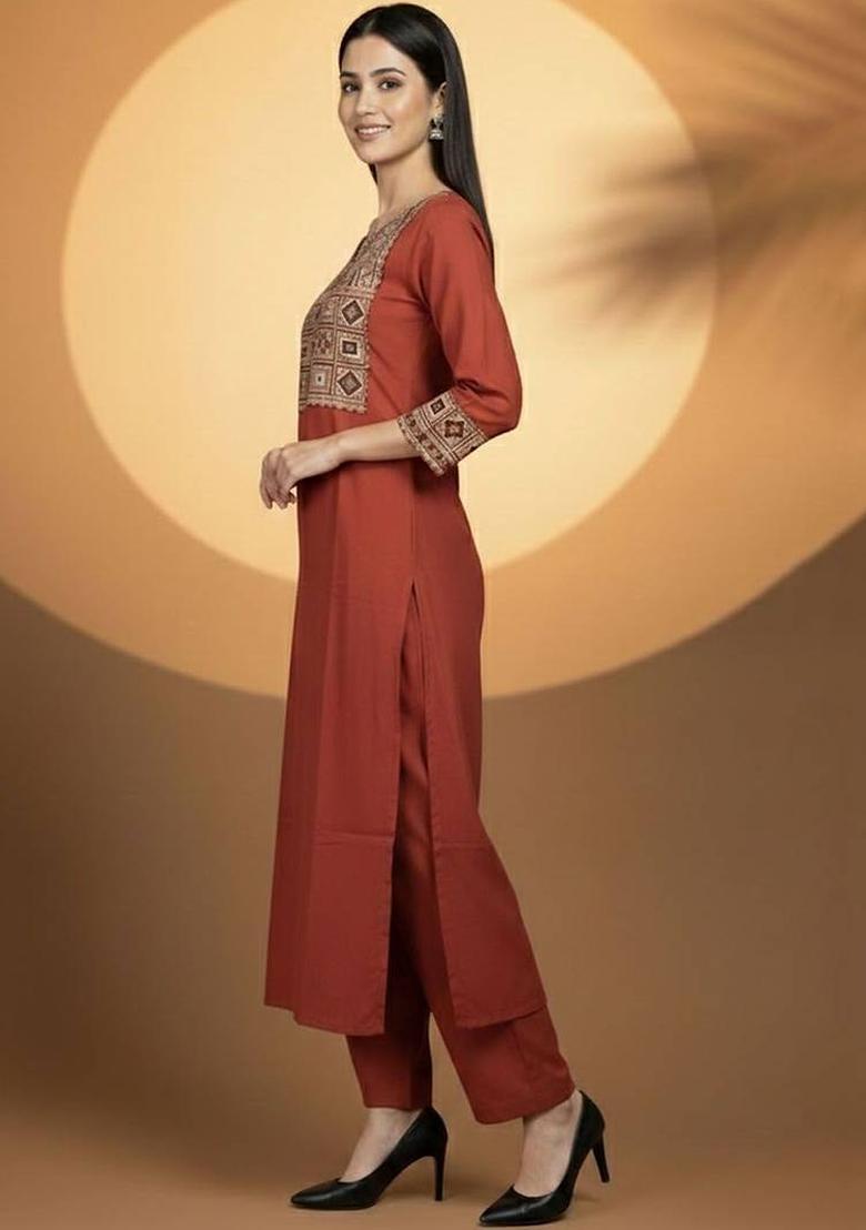 Mustard Embroidery Cotton Kurta Set - Indya