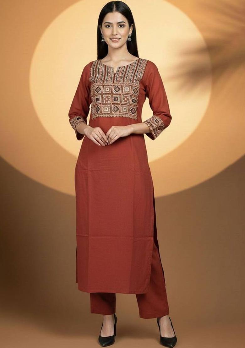 Mustard Embroidery Cotton Kurta Set - Indya