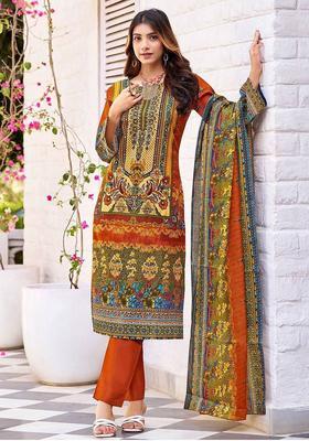 Mustard Floral Print Cotton Kurta Set