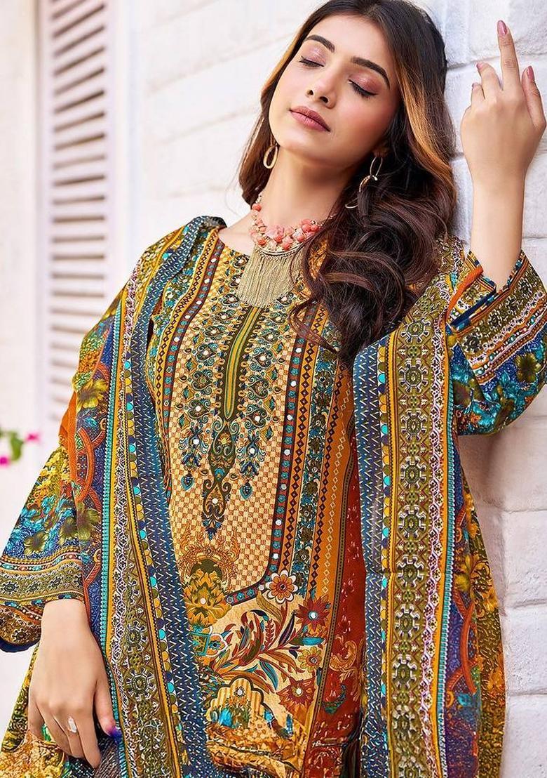 Mustard Floral Print Cotton Kurta Set - Indya