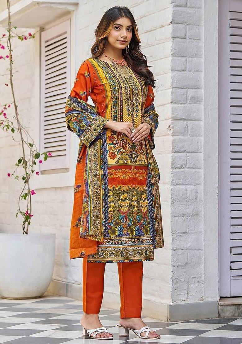 Mustard Floral Print Cotton Kurta Set - Indya