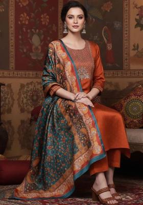 Mustard Thread Work Silk Kurta Set