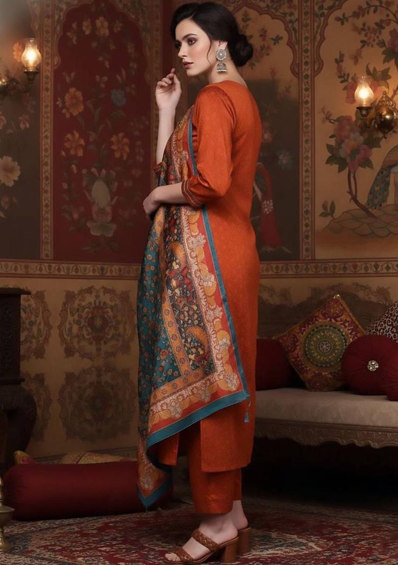 Mustard Thread Work Silk Kurta Set - Indya