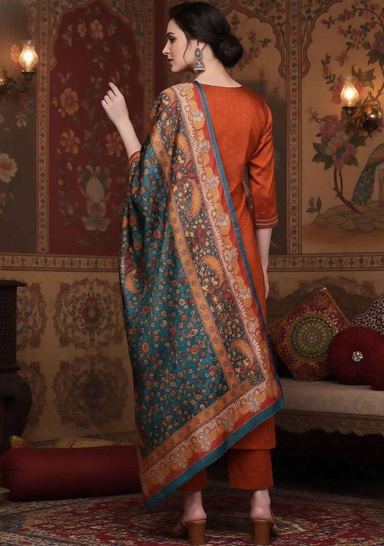 Mustard Thread Work Silk Kurta Set - Indya