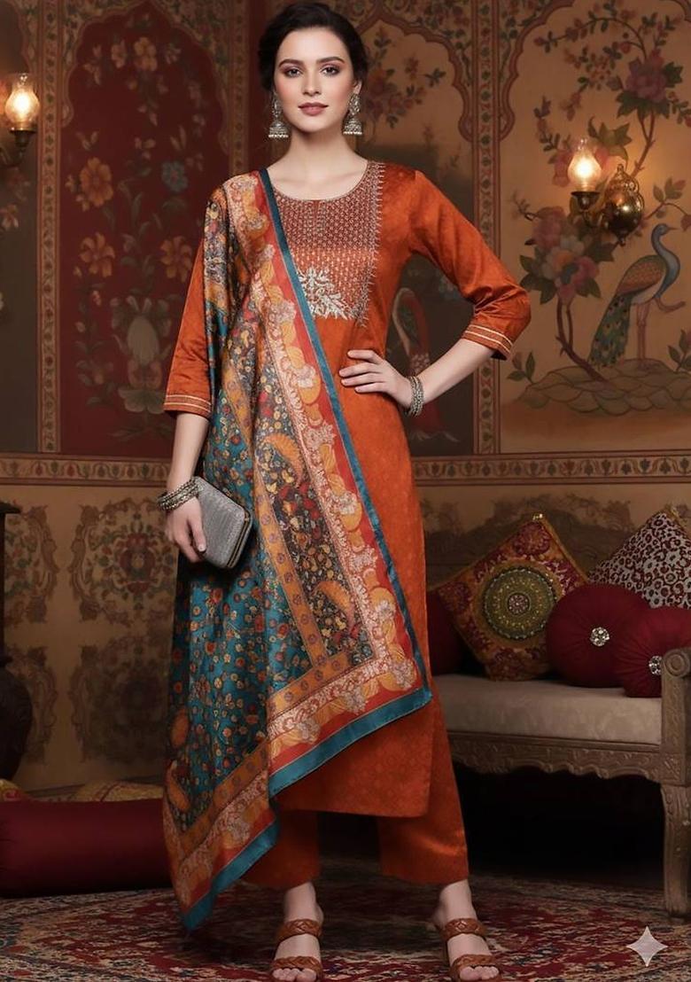 Mustard Thread Work Silk Kurta Set - Indya