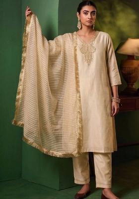White Thread Work Silk Kurta Set