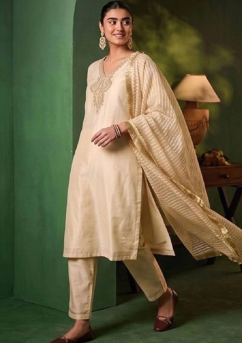 White Thread Work Silk Kurta Set - Indya