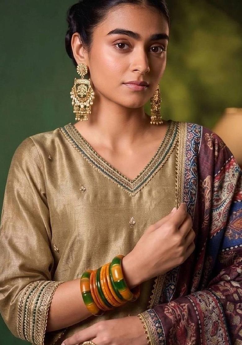 Yellow Thread Work Silk Kurta Set - Indya
