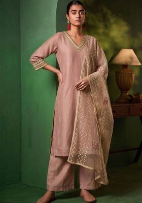 Pink Thread Work Silk Kurta Set