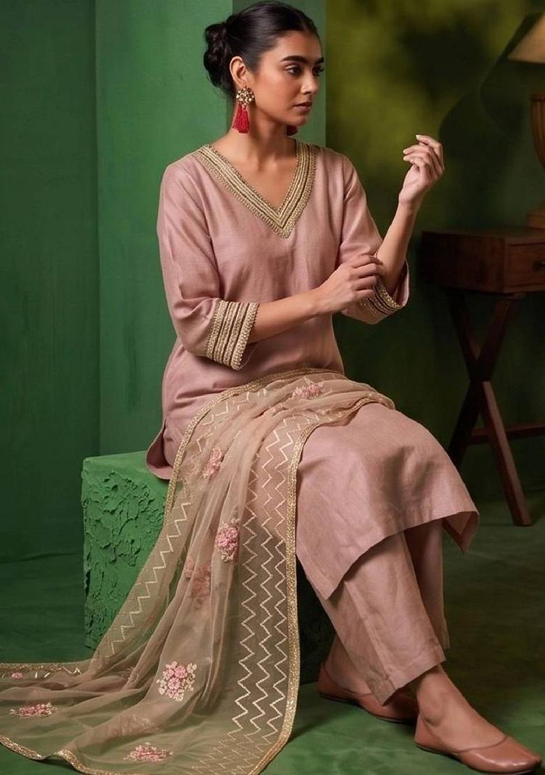 Pink Thread Work Silk Kurta Set - Indya