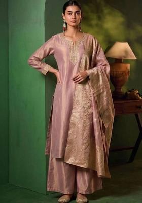 Peach Embroidery Silk Kurta Set