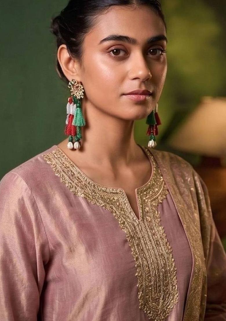 Peach Embroidery Silk Kurta Set - Indya