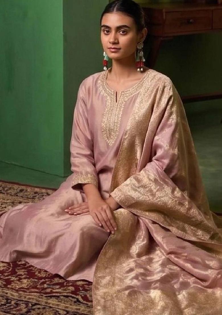 Peach Embroidery Silk Kurta Set - Indya