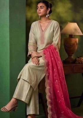 Sea Green Embroidery Silk Kurta Set